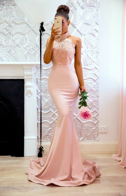 Sexy Sleeveless Halter Stain Evening Dress